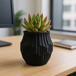 3D Printed Geometric Black Planter Mate Cup Modern Textured Succulent Pot